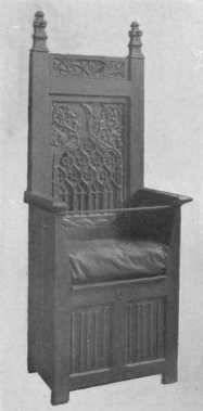 By courtesy of the Metropolitan Museum of Art
This Gothic chair of the 16th century shows the beautiful linen-fold
design in the carving on the lower panels, and also the keyhole which
made the chest safe when traveling